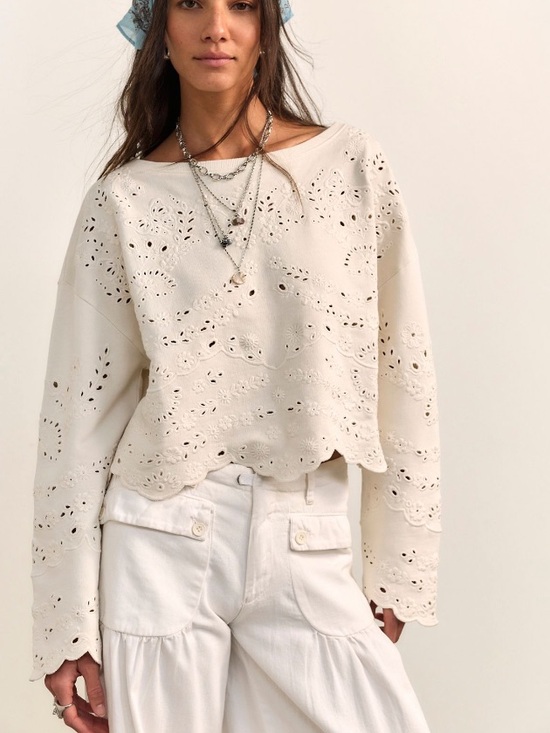 Free People Tops - Free People Iris Embroidered Sweatshirt-Sugar Swizzle Ivory- Size XL- NWT